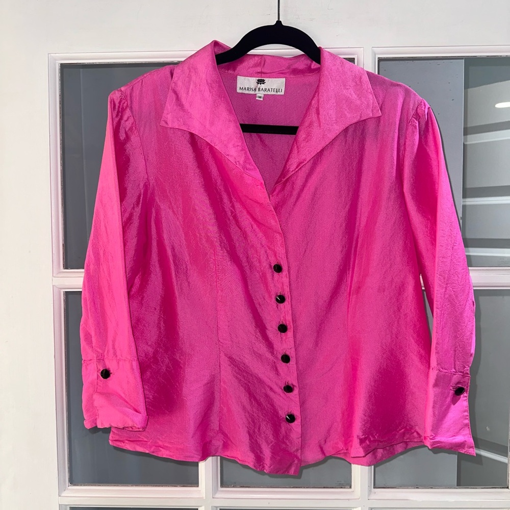 Marisa Baratelli Thai silk Jacket Womens 14 Pink Button Up Sleeve Fancy